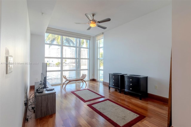 interior space with ceiling fan, expansive windows, and wood-type flooring