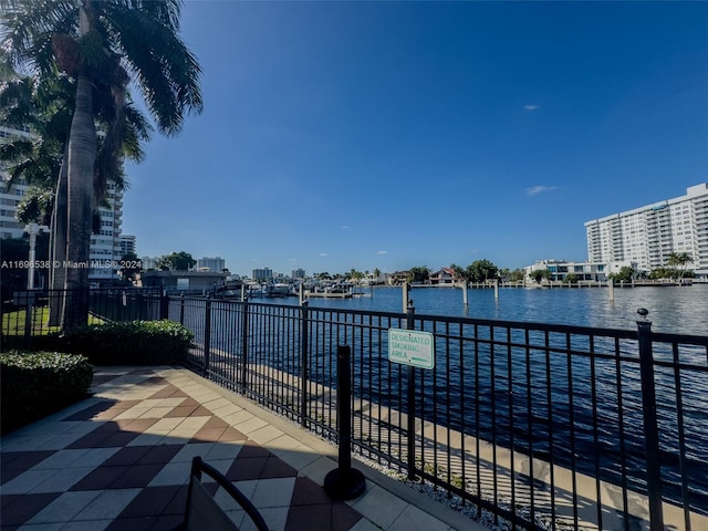 view of patio / terrace featuring a water view