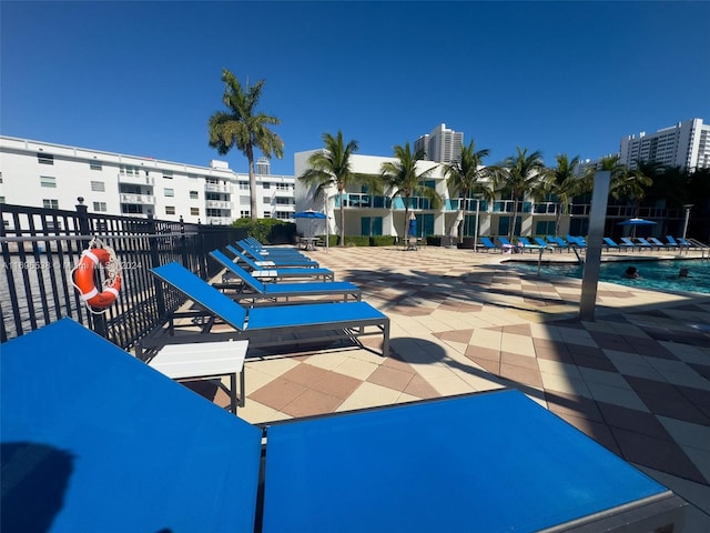 view of property's community with a swimming pool and a patio