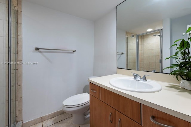 bathroom with tile patterned floors, walk in shower, vanity, and toilet