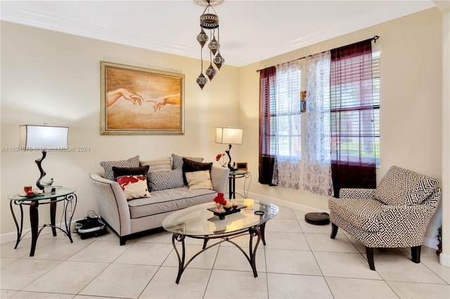 living room featuring light tile patterned floors and ornamental molding