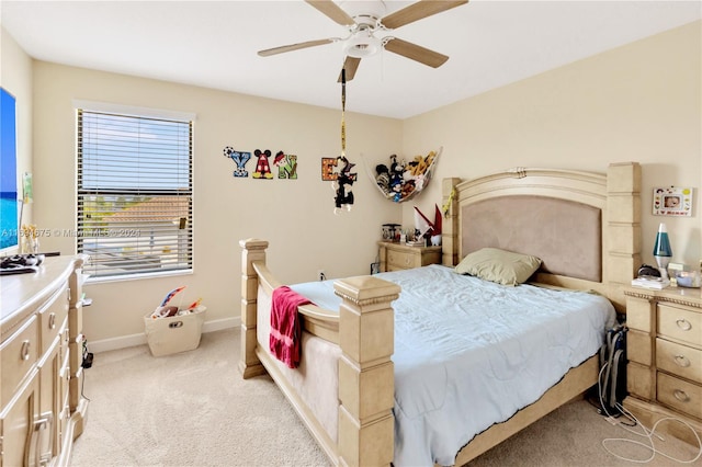 bedroom with light colored carpet and ceiling fan