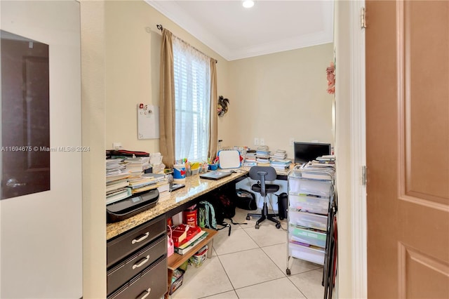 office space with light tile patterned floors and crown molding