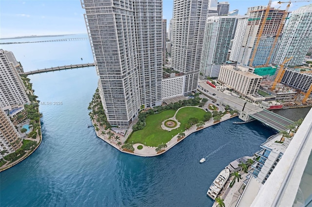 bird's eye view featuring a view of city and a water view