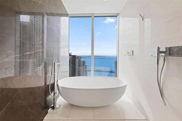 bathroom featuring tile walls, a water view, expansive windows, a freestanding tub, and walk in shower