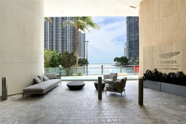 interior space featuring a water view
