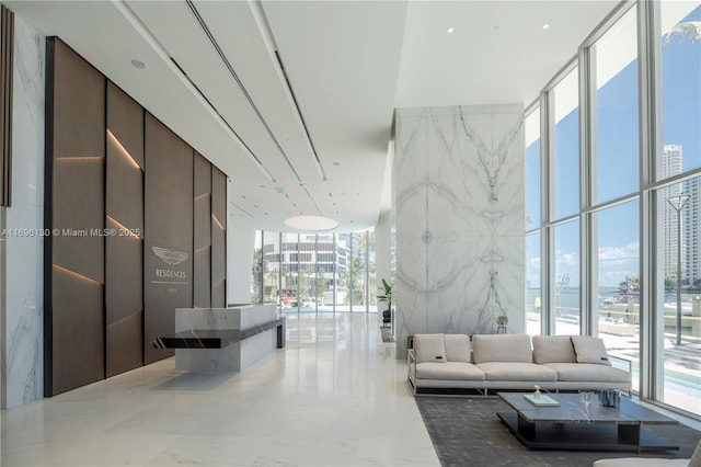 community lobby with a view of city