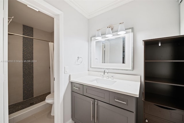 bathroom with a shower with curtain, tile patterned flooring, crown molding, toilet, and vanity