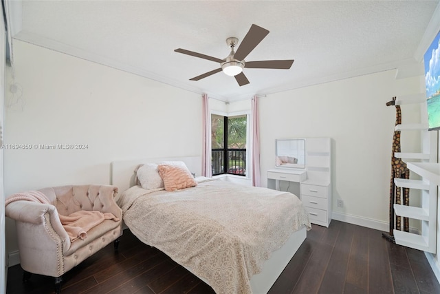 bedroom with access to outside, ceiling fan, dark hardwood / wood-style floors, and ornamental molding