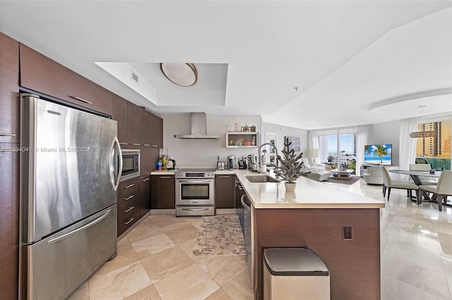 kitchen featuring sink, wall chimney exhaust hood, appliances with stainless steel finishes, dark brown cabinets, and kitchen peninsula