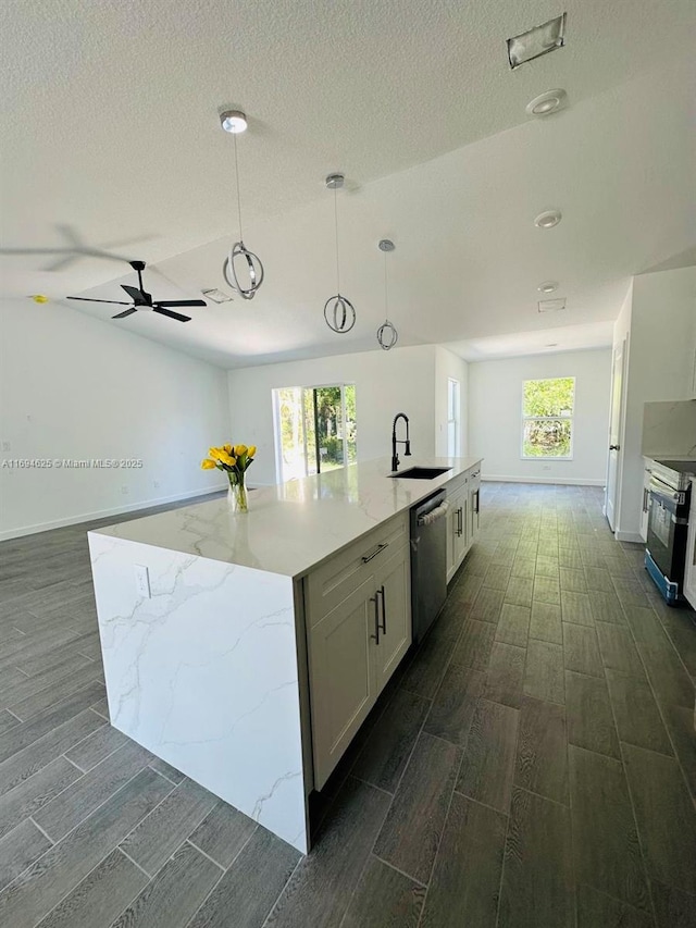 8036 104th Ct, Vero Beach, FL 32967 - kitchen with stainless steel dishwasher, a sink, electric stove, wood tiled floors, and white cabinetry