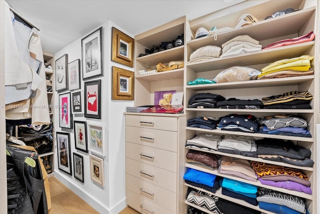 walk in closet featuring light hardwood / wood-style flooring