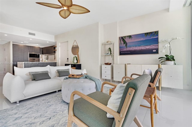 living room featuring ceiling fan