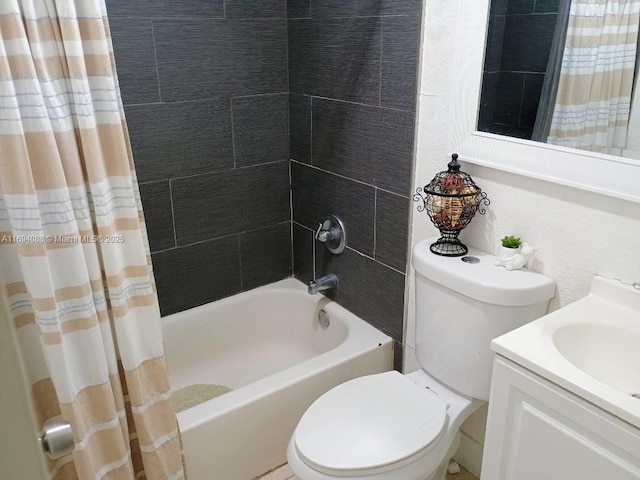 full bathroom featuring vanity, toilet, and shower / bathtub combination with curtain