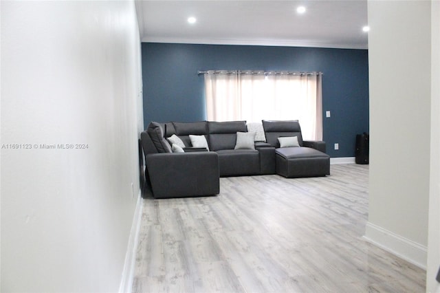 living room with light hardwood / wood-style floors and crown molding