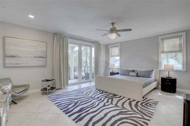 bedroom featuring light tile patterned floors, ceiling fan, access to exterior, ornamental molding, and french doors