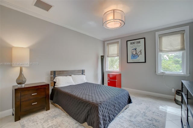 bedroom featuring multiple windows, light tile patterned flooring, and crown molding