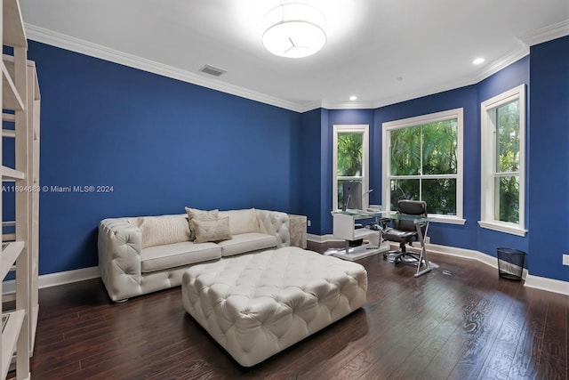 living room featuring crown molding and dark wood-type flooring