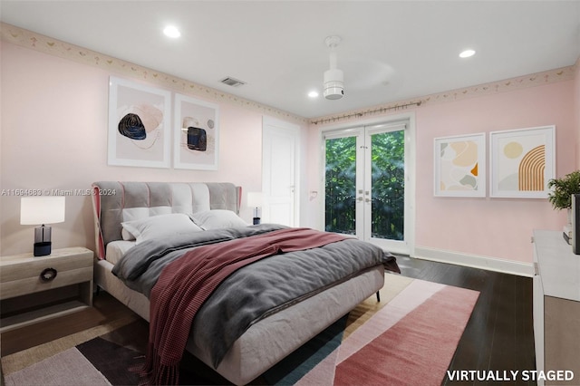 bedroom with access to outside, ceiling fan, and dark wood-type flooring