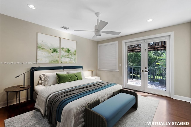 bedroom featuring access to exterior, ceiling fan, french doors, and dark hardwood / wood-style floors