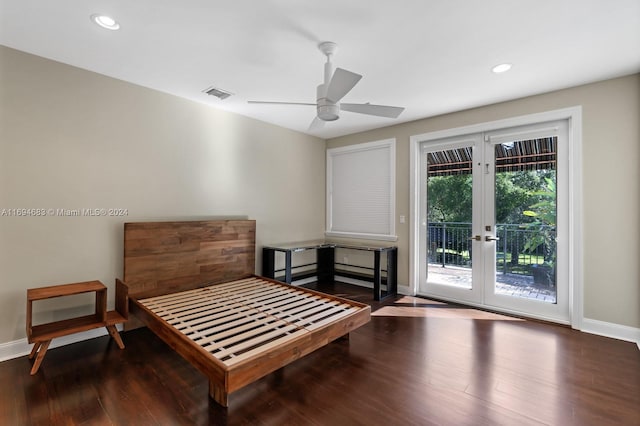 bedroom with wood-type flooring, french doors, access to outside, and ceiling fan