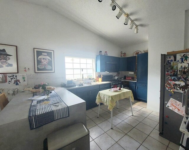 kitchen with blue cabinetry, stainless steel appliances, a textured ceiling, high vaulted ceiling, and rail lighting