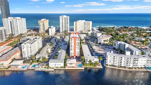 drone / aerial view featuring a view of city and a water view