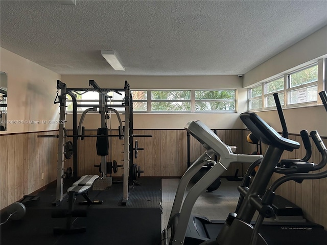 workout room featuring a wainscoted wall, a textured ceiling, and wooden walls