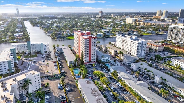 bird's eye view featuring a view of city and a water view