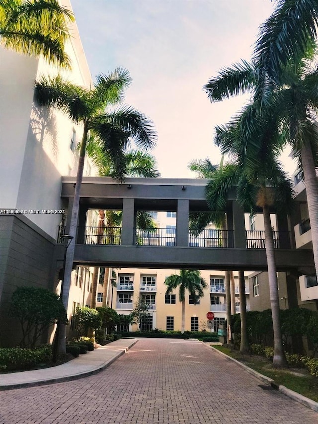 view of outdoor building at dusk