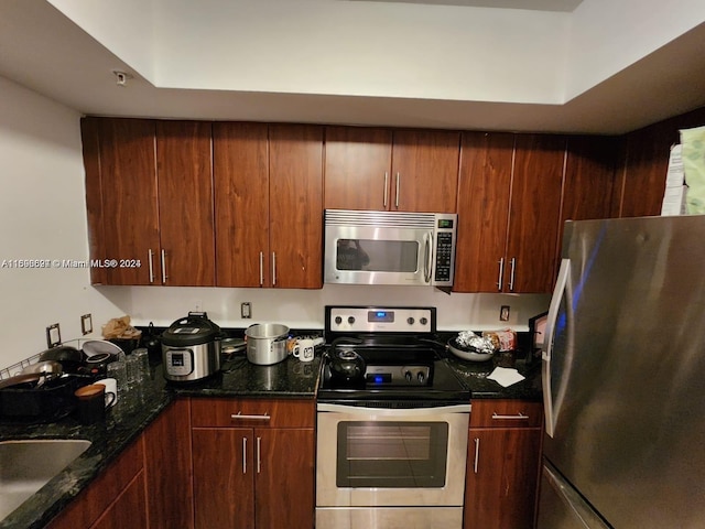 kitchen featuring sink, stainless steel appliances, and dark stone counters