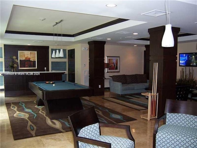 playroom featuring crown molding, pool table, and a tray ceiling