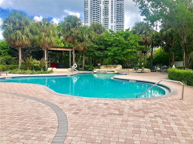 view of swimming pool with a patio