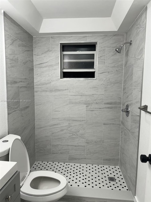 bathroom featuring vanity, a raised ceiling, and a tile shower