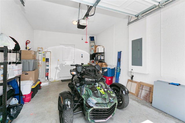 garage with electric panel, water heater, and a garage door opener