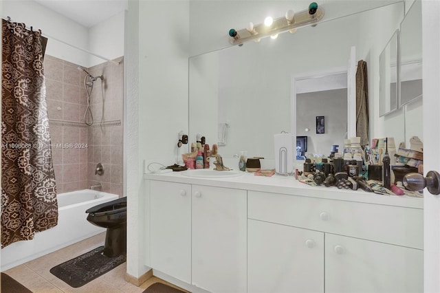 full bathroom featuring toilet, shower / tub combo, vanity, and tile patterned floors