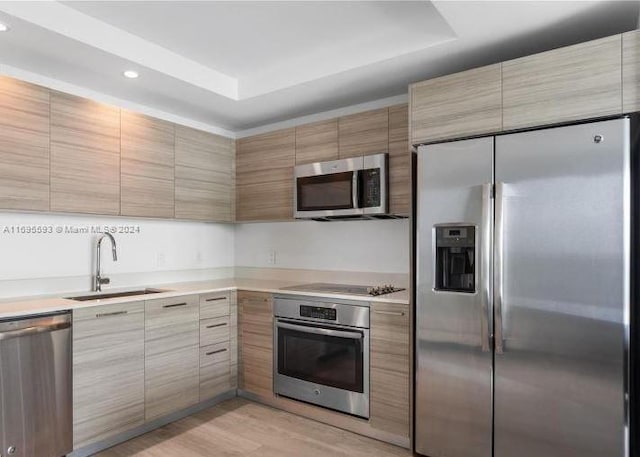 kitchen featuring sink, stainless steel appliances, a tray ceiling, and light hardwood / wood-style flooring