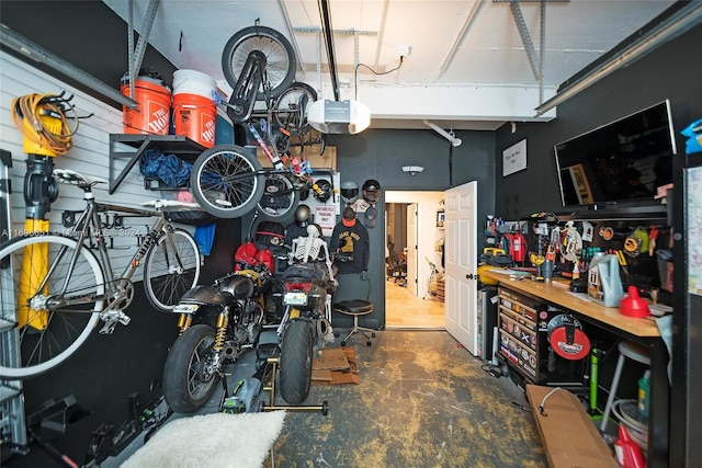 garage with a workshop area