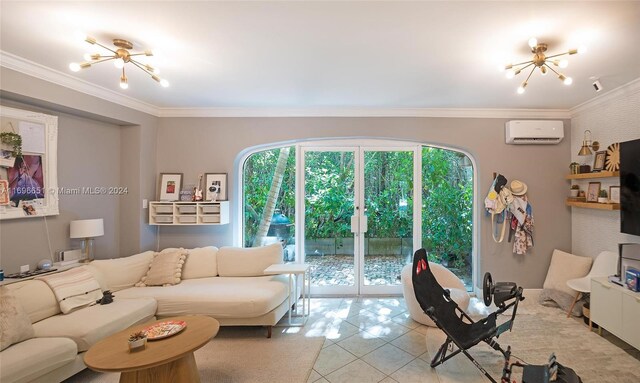 living room featuring a wall mounted air conditioner, light tile patterned floors, an inviting chandelier, and ornamental molding