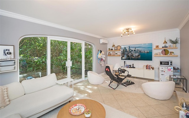 living room with a wall unit AC, crown molding, and light tile patterned flooring