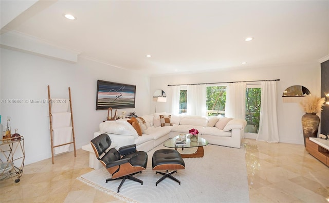 living room with crown molding