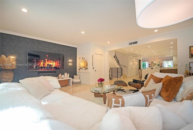 tiled living room with ornamental molding