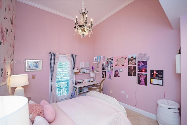 bedroom featuring light tile patterned flooring, crown molding, high vaulted ceiling, and an inviting chandelier