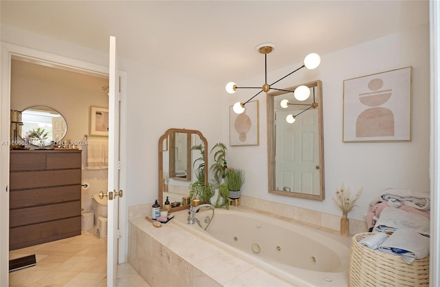 bathroom with tile patterned flooring, a relaxing tiled tub, and a notable chandelier