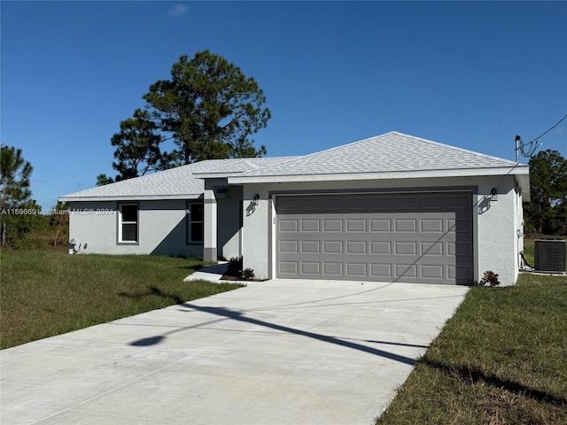 ranch-style house with a front lawn and cooling unit