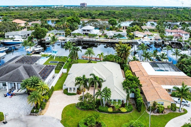 bird's eye view with a water view