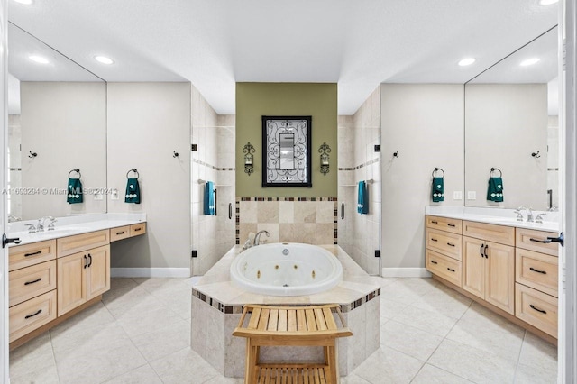 bathroom featuring tile patterned flooring, vanity, and independent shower and bath