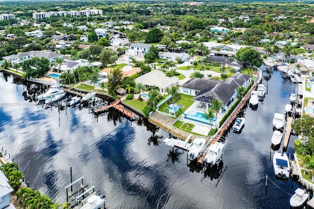 drone / aerial view featuring a water view