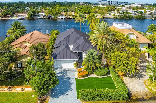 bird's eye view featuring a water view