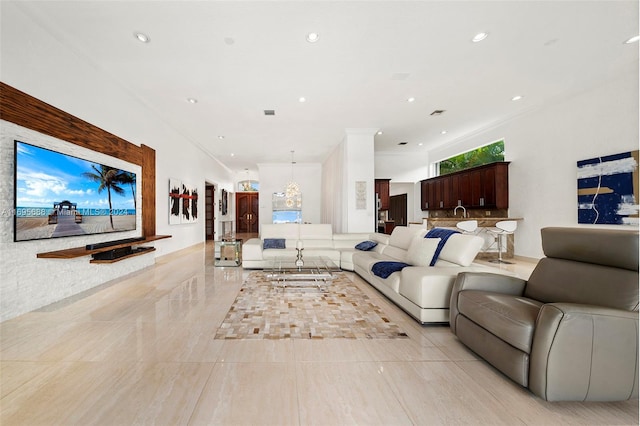 living room featuring ornamental molding